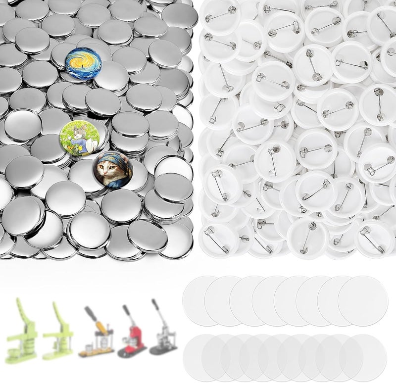 KUNTAERY 200 Sets 1 Inch Button Maker Supplies, 25mm Round Badge Parts with Metal Covers, Plastic Pin Backs, Clear Film & Blank Paper, Perfect for Button Maker Machine & Badge Press - Image 1